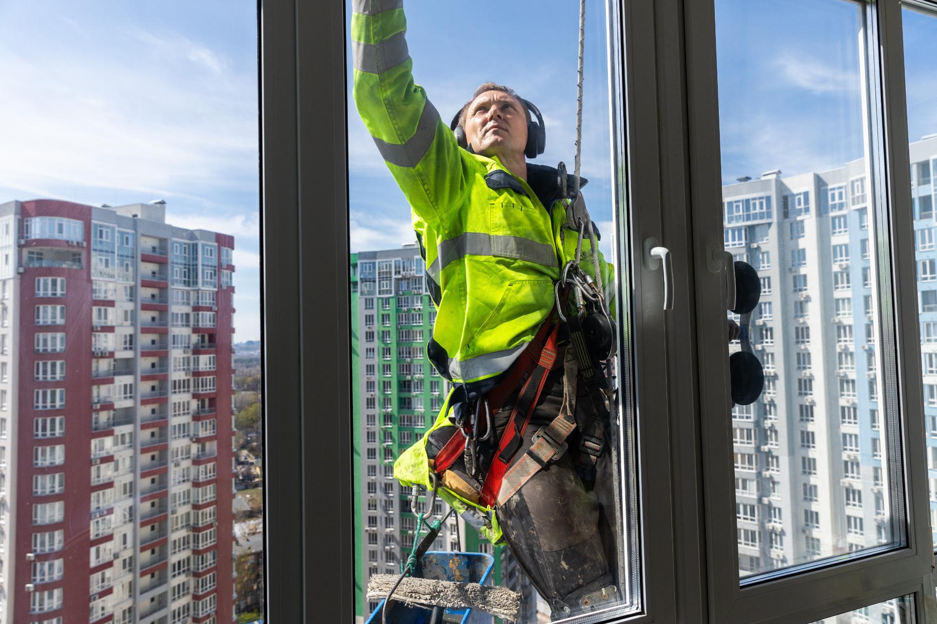 Addetto alla pulizia vetri ad alta quota con equipaggiamento di sicurezza